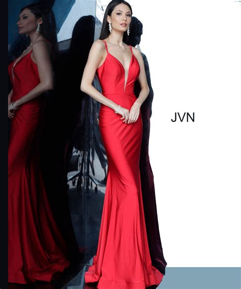 Jvn00902 Dress Jvn Red Plunging Neckline Tie Back Prom Dress