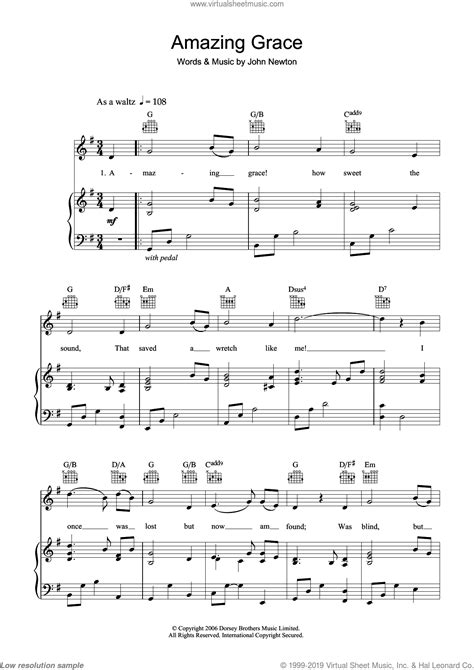 Amazing Grace Sheet Music For Voice Piano Or Guitar V