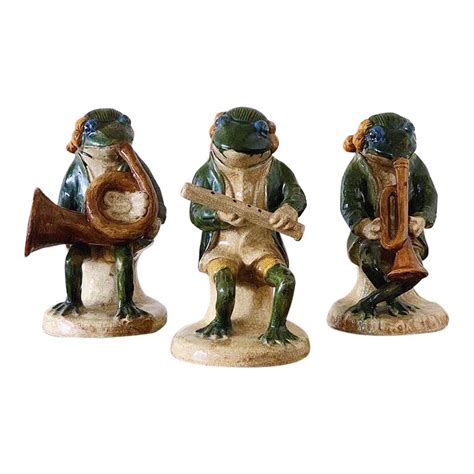 Mid 20th Century Majolica Ceramic Frogs Playing Musical Instruments