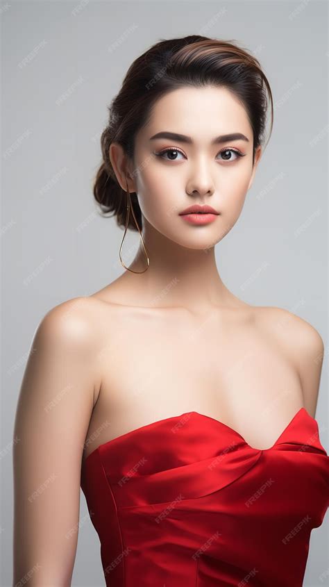 Premium Ai Image Portrait Of A Japanese Model In A Red Strapless Gown With Choker In A Clean