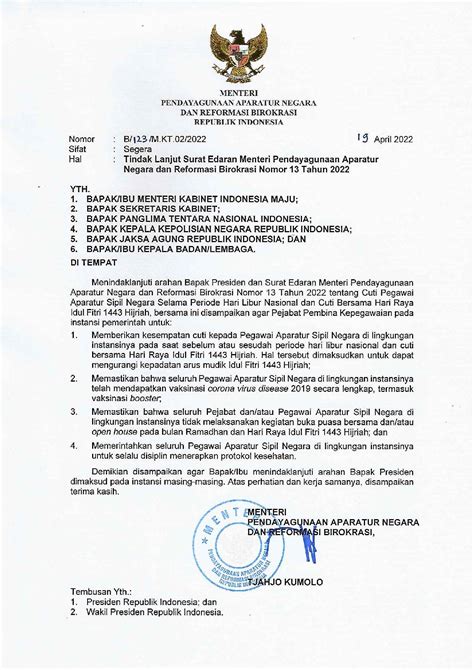 Kementerian Pendayagunaan Aparatur Negara Dan Reformasi Birokrasi Surat Menteri Panrb Perihal