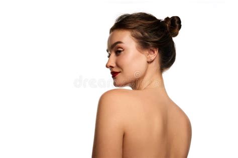 Side View Portrait Naked Shoulders One Beautiful Brunette Girl Posing