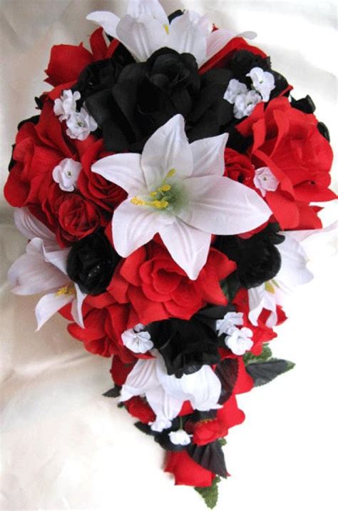 Wedding Bouquet Bridal Silk Flowers Cascade Black Red