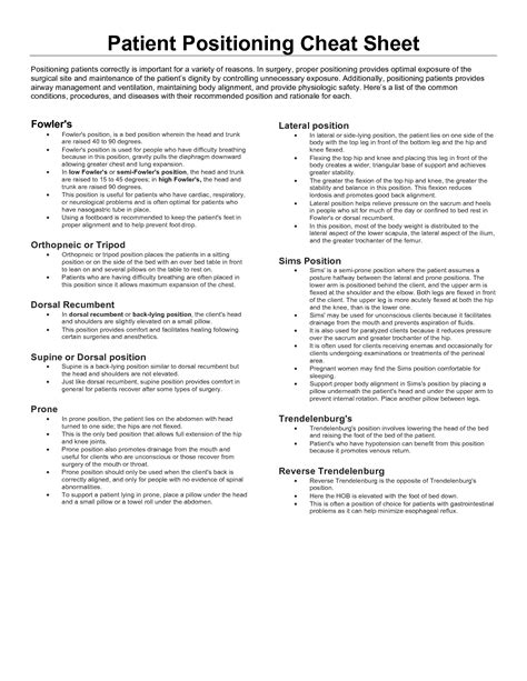 Solution Patient Positioning Cheat Sheet Worksheet Studypool
