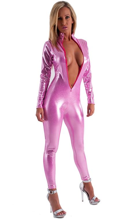 Front Zipper Catsuit Bodysuit In Mystique Bubble Gum Pink Nylon Lycra