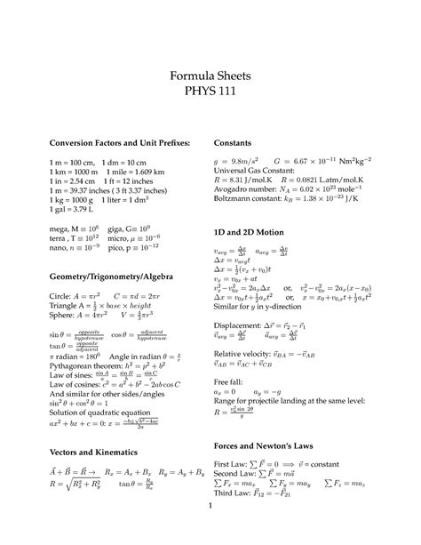 Physics Formulas Formula Sheets Phys Conversion Factors And Unit Prefixes Constants