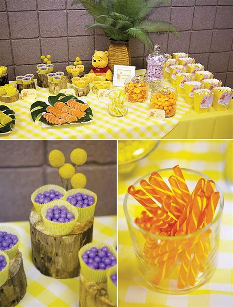 Winnie The Pooh Birthday Party With Yellow And Purple Decorations