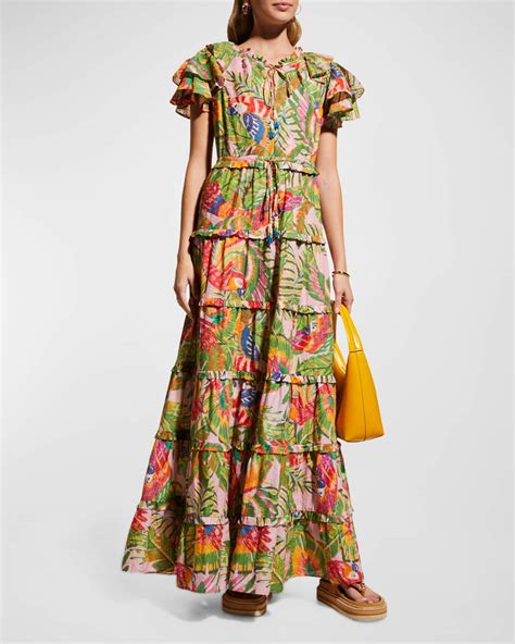 Farm Rio Macaw Leaves Flutter Sleeve Tiered Maxi Dress Neiman Marcus