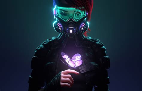 Cyberpunk Girl In A Gas Mask Looking At The Glowing Butterfly Landed On