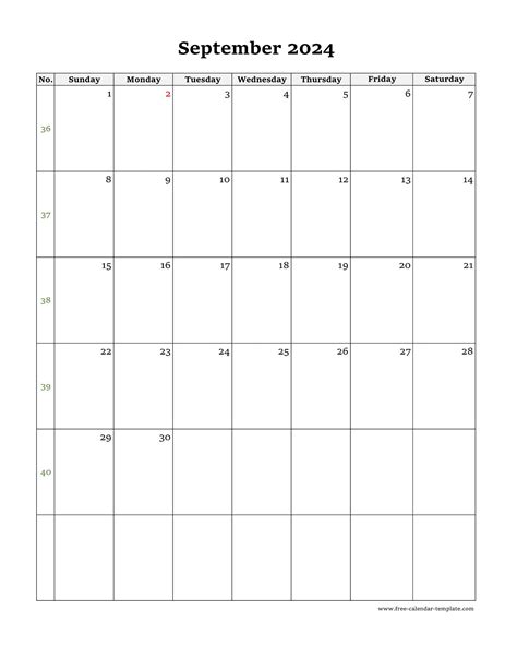 September Calendar 2024 Simple Design With Large Box On Each Day For