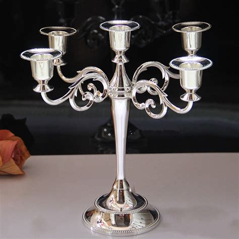 European Style 5 Arm Candle Holder Silver Plated Metal Candlestick For
