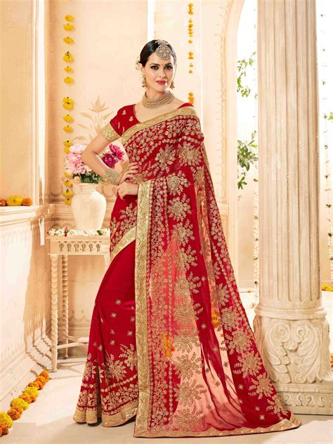 Red Color Georgette Wedding Party Wear Saree Sareedelight4u Saree Designs Wedding Saree
