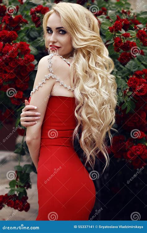 Sensual Woman With Long Blond Hair In Luxurious Red Dress Stock Image Image Of Positive Blond