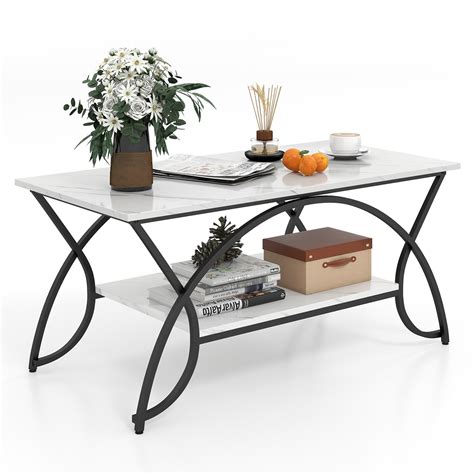 2 Tier Faux Marble Coffee Table With Marble Top And Metal Frame Black
