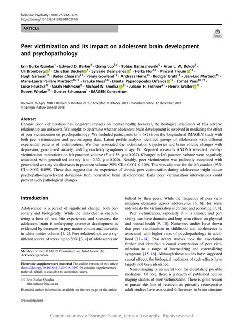 Peer Victimization And Its Impact On Adolescent Brain Development And Psychopathology Request Pdf
