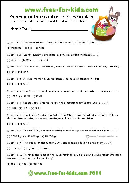 Free printable trivia questions and answers pdf document. Kids' Easter Quiz Questions - www.free-for-kids.com