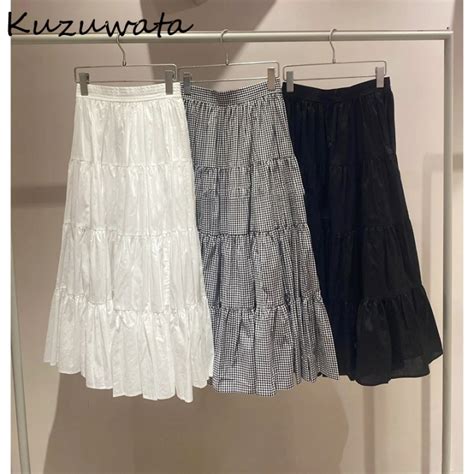 Kuzuwata High Waisted Layered Pleated Flared Fluffy Skirts Japanese Solid Plaid Long Mujer
