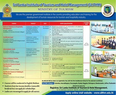 Sri Lanka Institute Of Tourism And Hotel Management SLITHM Courses