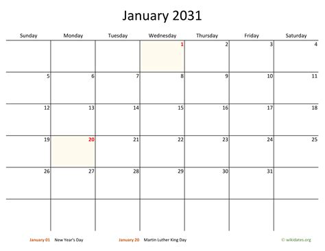 January 2031 Calendar With Bigger Boxes