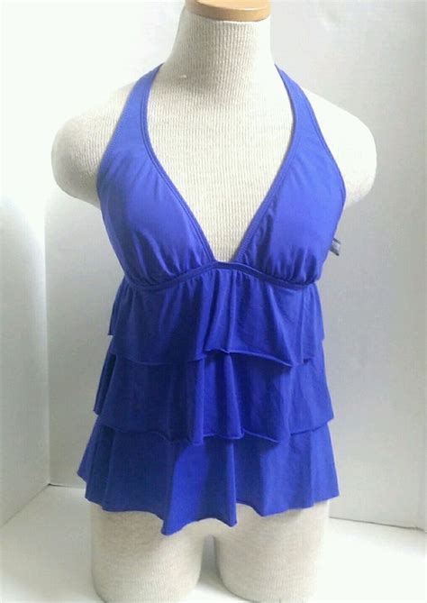 kenneth cole reaction layered ruffle tankini halter swim top royal blue sz s clothes design