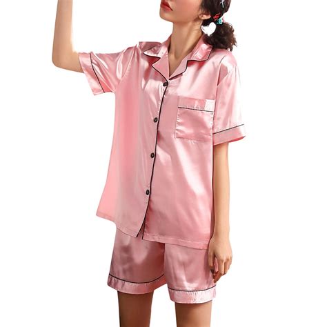 Pink Hot Silk Satin Pajamas Pyjamas Set Short Sleeve Sleepwear Pajamas