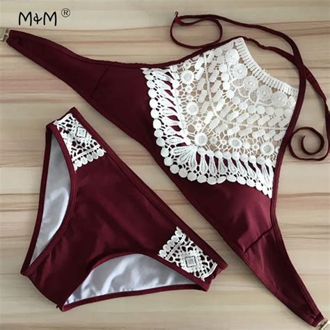 Mandm 2017 Sexy Women Swimsuit Crochet Bikinis Set High Neck Halter Bikini Swimwear Summer Beach