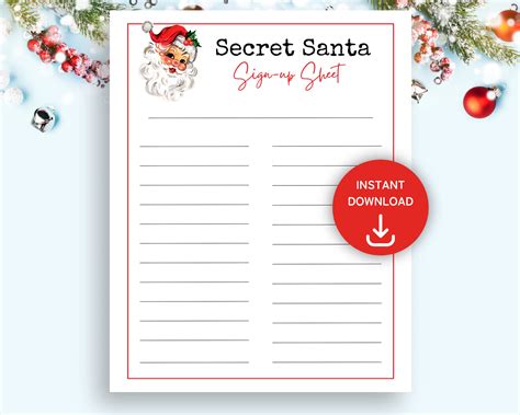 Secret Santa Sign Up Sheet Printable Secret Santa T Exchange