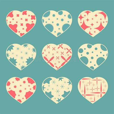 Set Of Color Hearts Isolated On Blue Green Background With Abstract