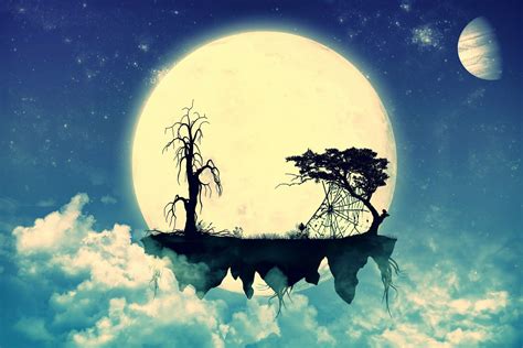Silhouette Of Tree On Moon Abstract Floating Island Silhouette Moon