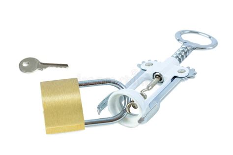 Key And A Wine Bottle Opener Locked To A Padlock Stock Photo Image Of