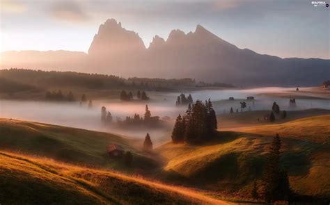 Sassolungo Mountains Italy Autumn Dolomites Houses Val Gardena