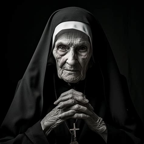 Black And White Portrait Of A Very Old Nun Midjourney Prompt