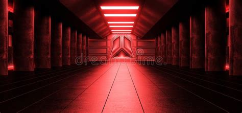 Sci Fi Futuristic Dark Alienship Modern Reflective Corridor Empty
