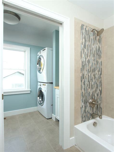 The dryer can only go back so far, and in the corner is the water hookup. Small Bathroom Laundry Room Combo | Houzz