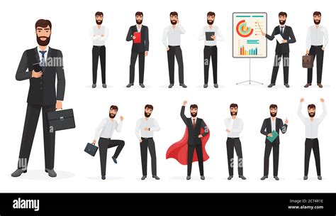 Set Of Happy Businessman Character With Different Poses And Actions