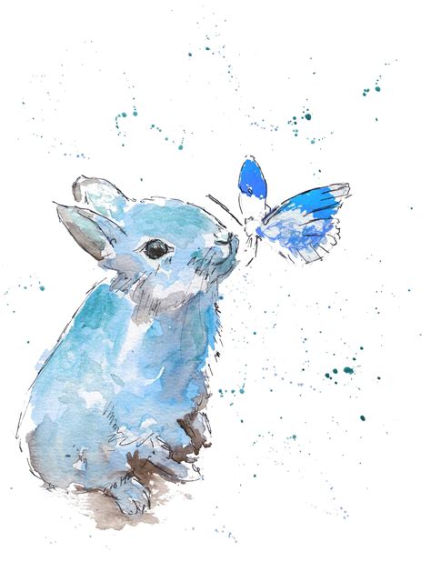 Blue Bunny Rabbit Watercolour Print Nursery Wall Art From Original