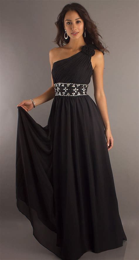 Chiffon Flowy Black Evening Dress One Shoulder Ruching Empire 6 Colors