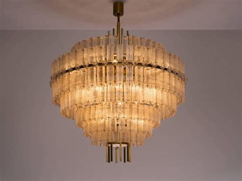 Pair Of Very Large Circular Chandelier In Brass And Structured Glass