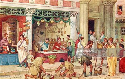 The Roman Empire Street Scene With Vendors Produce Food Crafts
