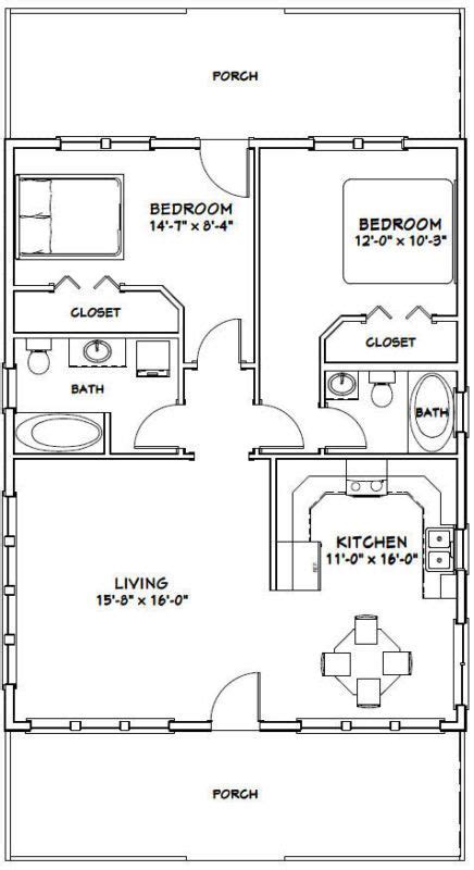 Are there 2 bedroom 2 bath house plans? 28x36 House -- 2 Bedroom 2 Bath -- PDF Floor Plan -- 1,008 ...