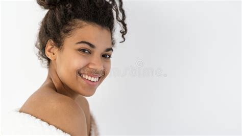 Young Afro American Woman Smiling Wide Looking At Camera Stock Image