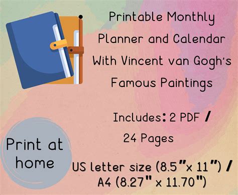 Printable Monthly Planner And Calendar With Vincent Van Etsy