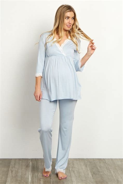 Light Blue Lace Trim Maternity Pajama Pants Maternity Pajamas Maternity Pajama Set Maternity