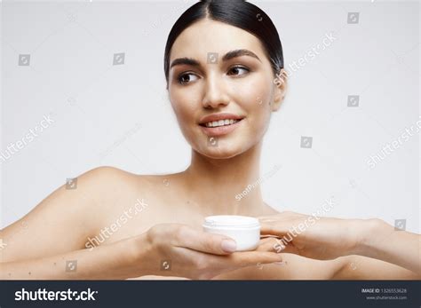 Pretty Woman Naked Shoulders Jar Cream Stock Photo 1326553628