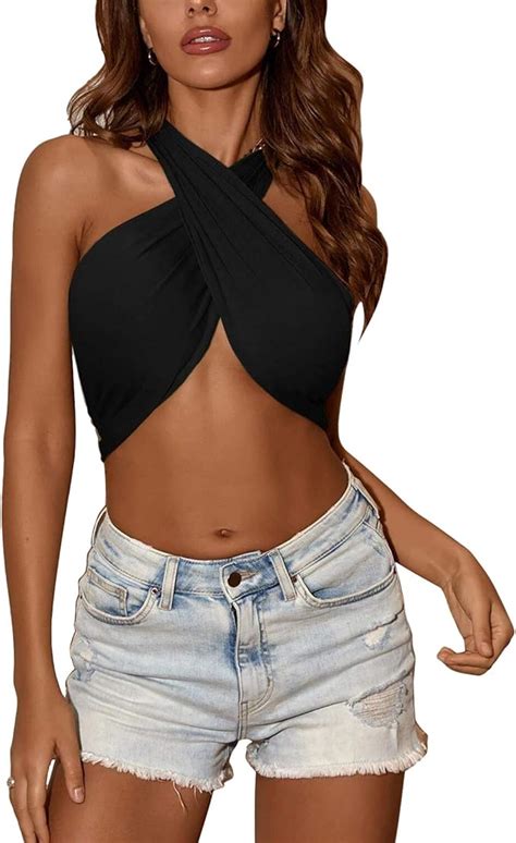Women Sexy Sleeveless Crop Tops Criss Cross Halter Neck Solid Color Camisole Slim Hollow Out