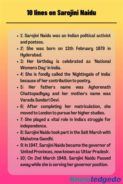 10 Lines On Sarojini Naidu In English Knowledgedo