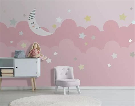 Pink Clouds Background Wallpaper For Nursery Bedroom Baby Moon Etsy