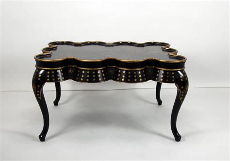 Dark brown medium round wood coffee table with smooth top: Chinoiserie Hand-Painted Black Lacquer Coffee Table with ...