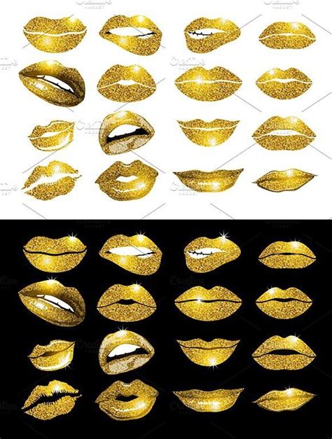 lips gold set design glitter vector gold set human icon lips
