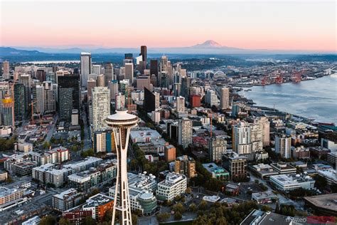 Aerial Of Space Needle And Skyline At Dusk With Mt Rainier Seattle